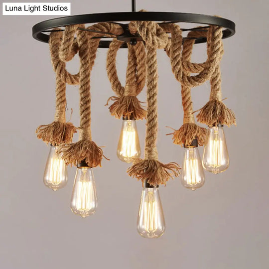 Rustic 6-Light Chandelier With Brown Open Bulb Design - Restaurant Hanging Lamp