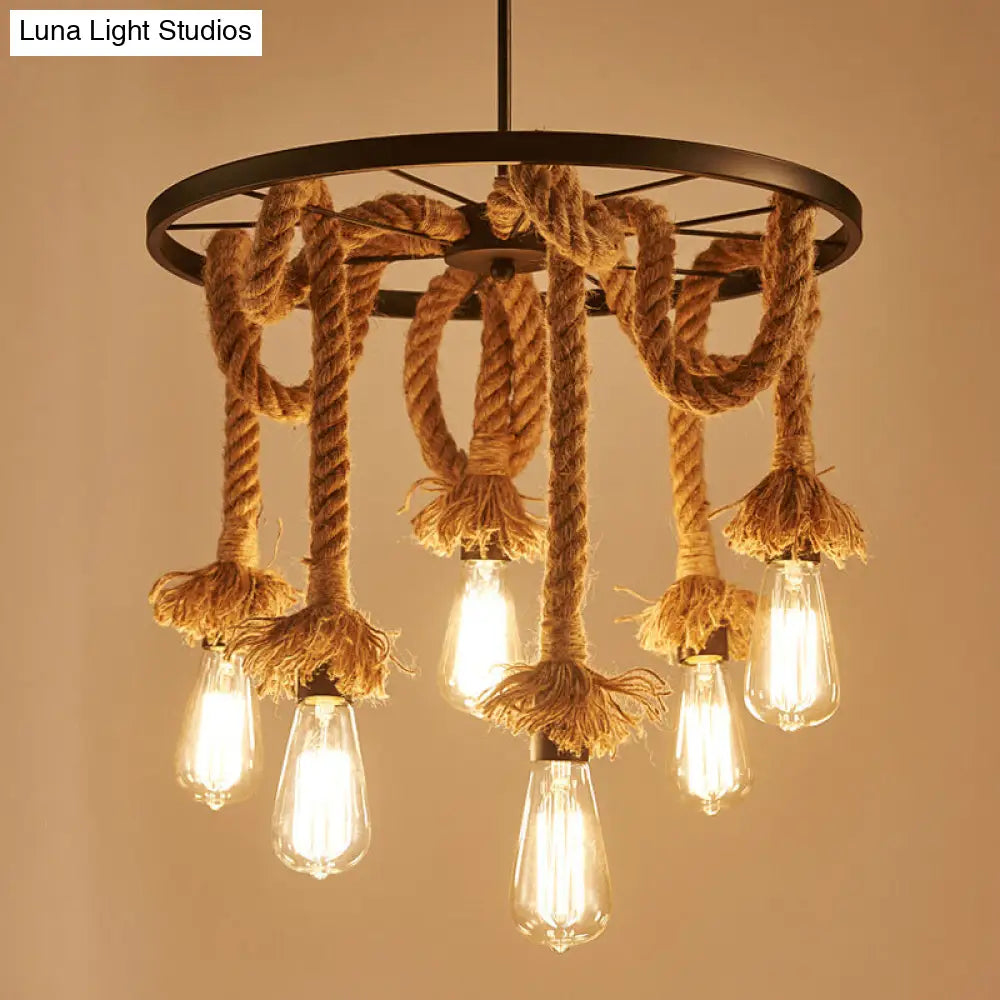 Rustic Rope Chandelier With Wheel Deco - Brown Open Bulb Design 6-Light Restaurant Hanging Lamp