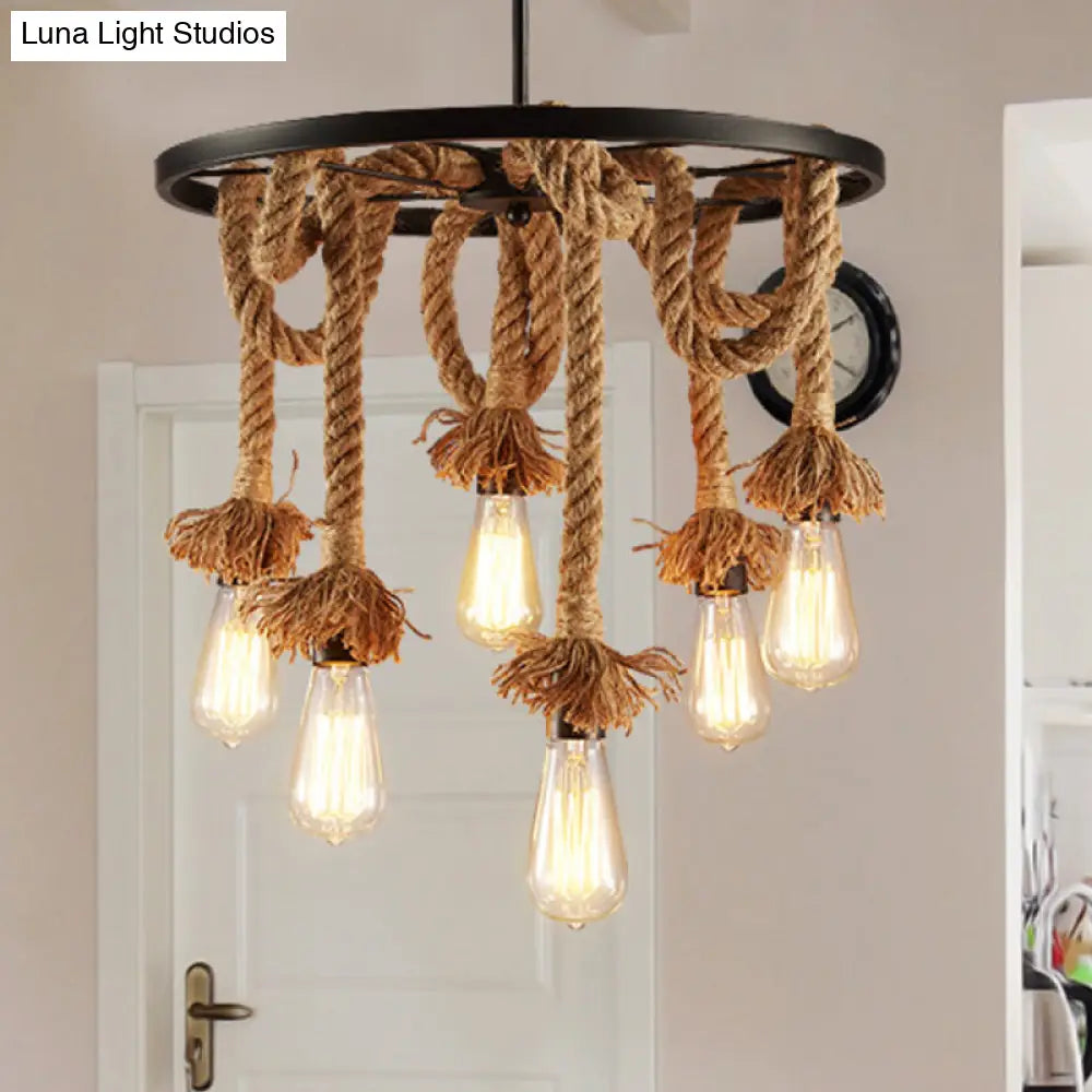 Rustic 6-Light Chandelier With Brown Open Bulb Design - Restaurant Hanging Lamp