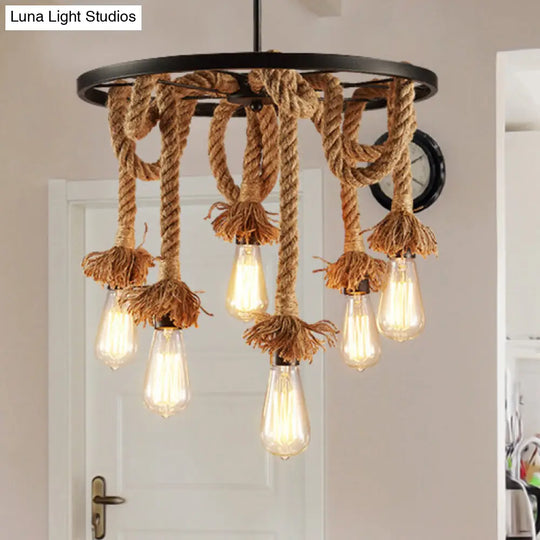 Rustic Rope Chandelier With Wheel Deco - Brown Open Bulb Design 6-Light Restaurant Hanging Lamp