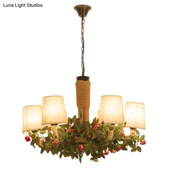 Rustic 6-Light Conical Fabric Chandelier With Beige Rope - Perfect For Dining Rooms
