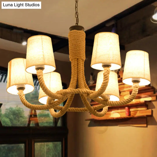 Rustic Conical Fabric Chandelier: 6-Light Dining Room Ceiling Lamp In Beige With Hanging Rope / A