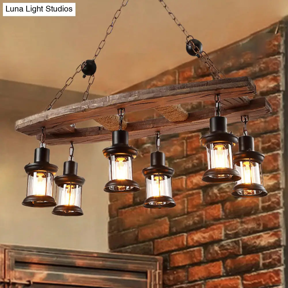 Rustic 6-Light Pendant Lantern: Clear Glass & Black With Wooden Board