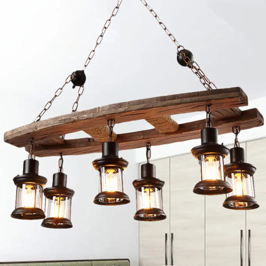 Rustic 6-Light Pendant Lantern: Clear Glass & Black With Wooden Board