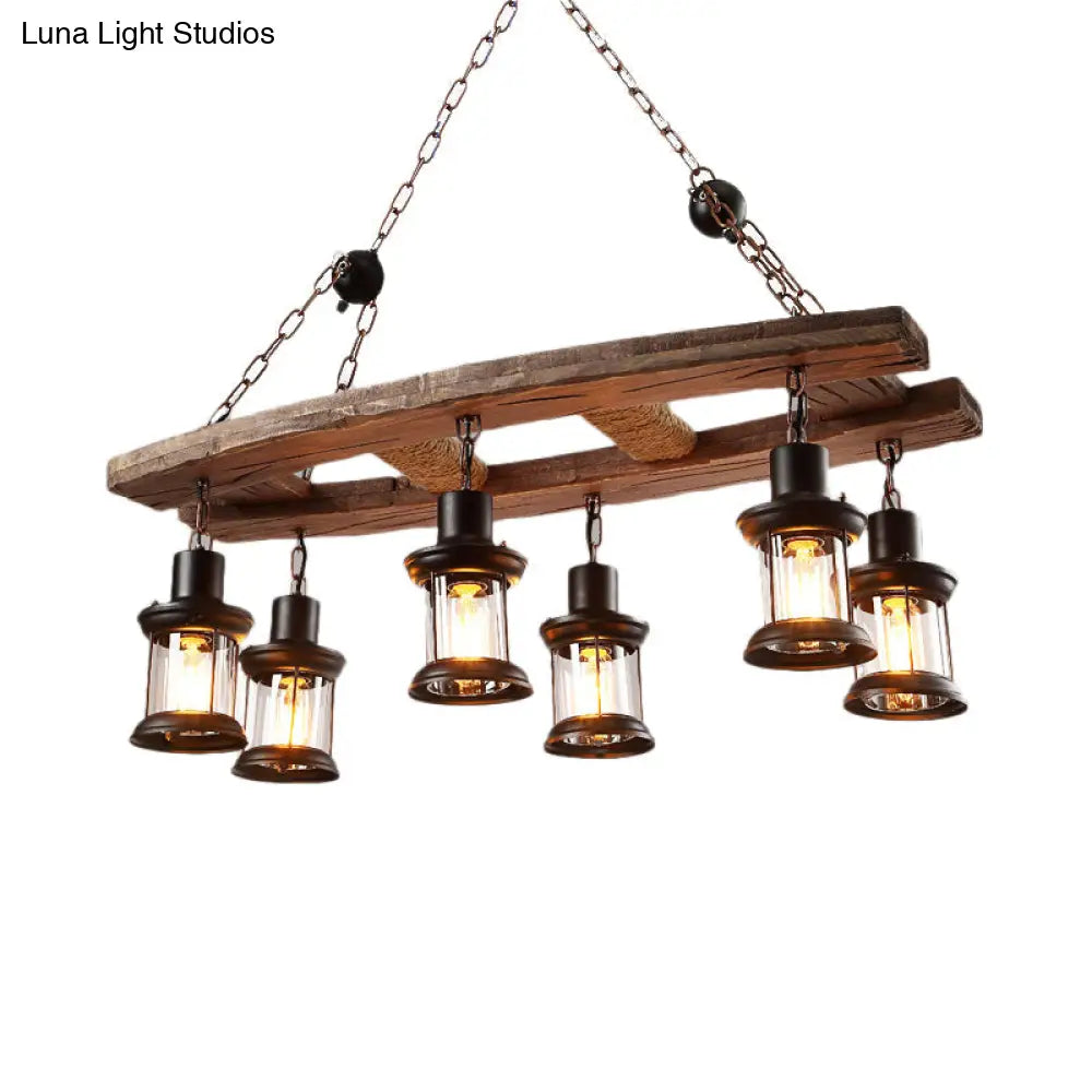 Rustic 6-Light Pendant Lantern: Clear Glass & Black With Wooden Board