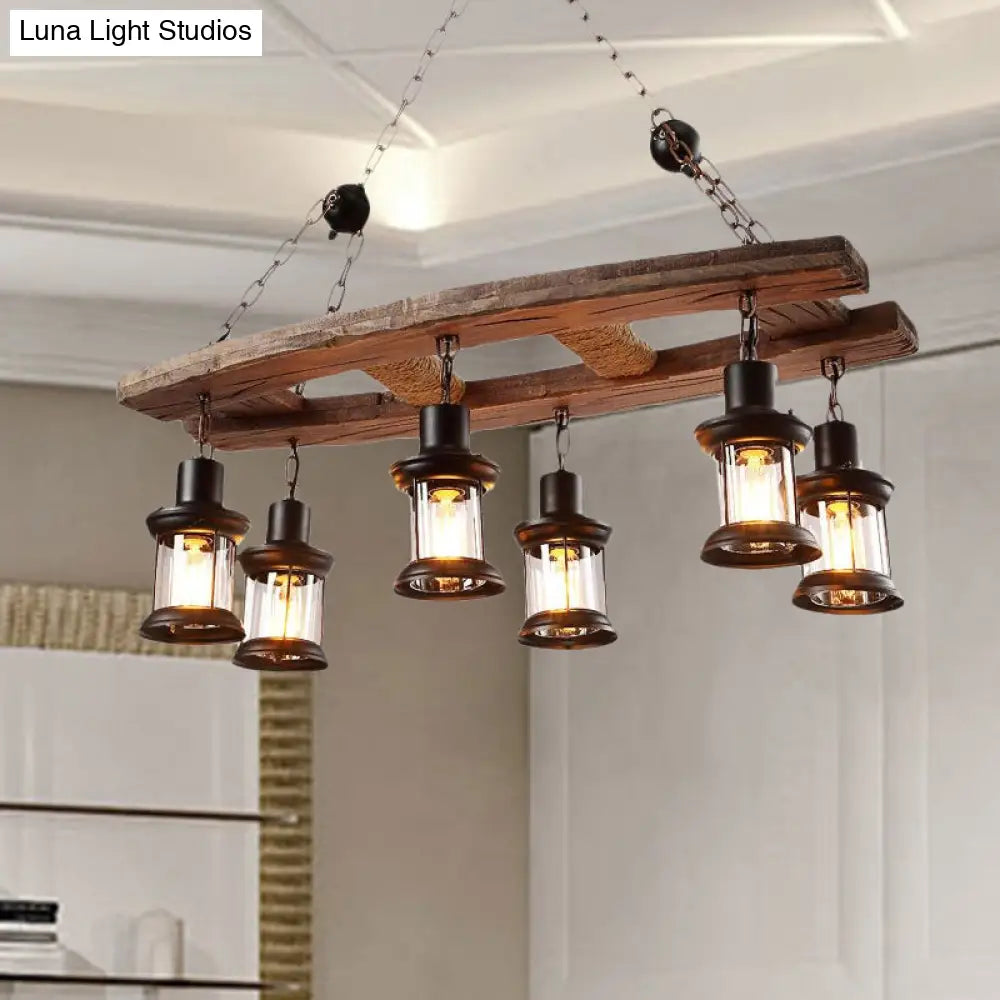 Rustic 6-Light Pendant Lantern: Clear Glass & Black With Wooden Board