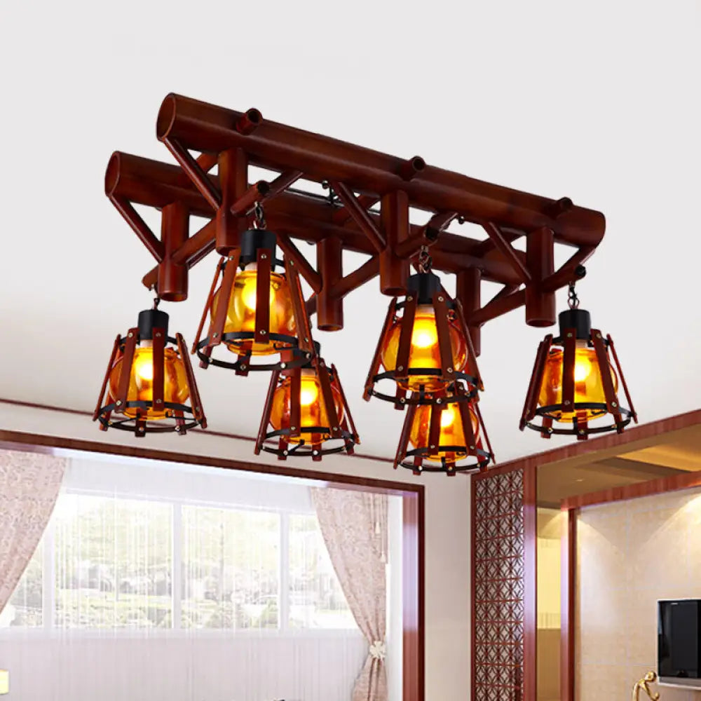 Rustic 6-Light Semi Flush Ceiling Lighting With Bamboo Shade - Perfect For Dining Room Brown