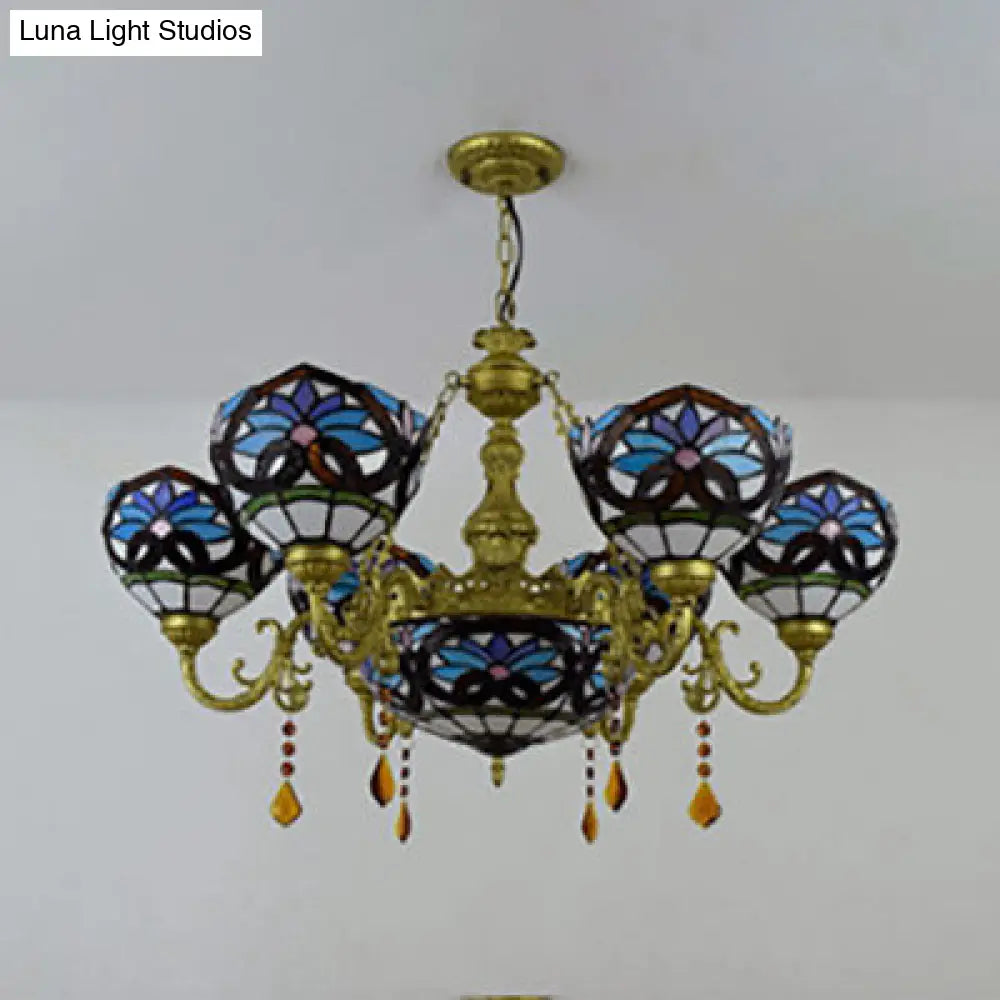 Blue Stained Glass Bowl Hanging Pendant Chandelier With Crystal Accents - Rustic Bedroom Lighting