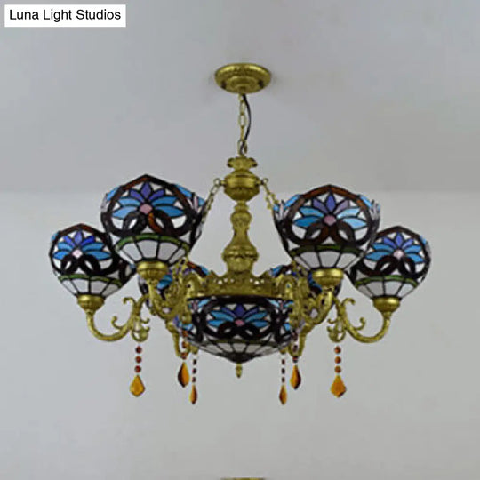 Blue Stained Glass Bowl Hanging Pendant Chandelier With Crystal Accents - Rustic Bedroom Lighting