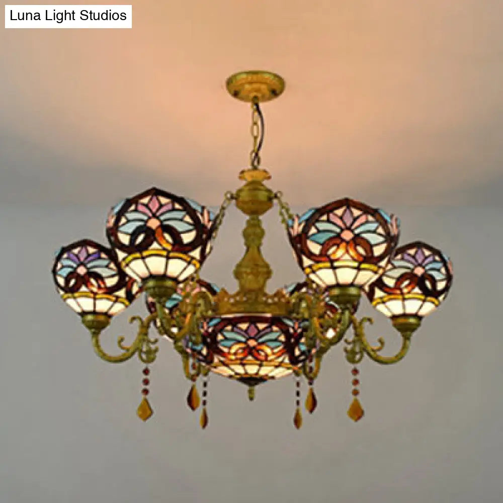 Rustic 7-Light Stained Glass Chandelier With Blue Crystal Pendant For Bedroom