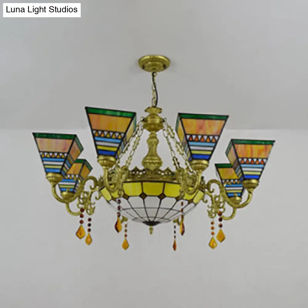 Rustic 9-Light Stained Glass Pyramid Chandelier With Crystal Accents For Bedroom Suspension