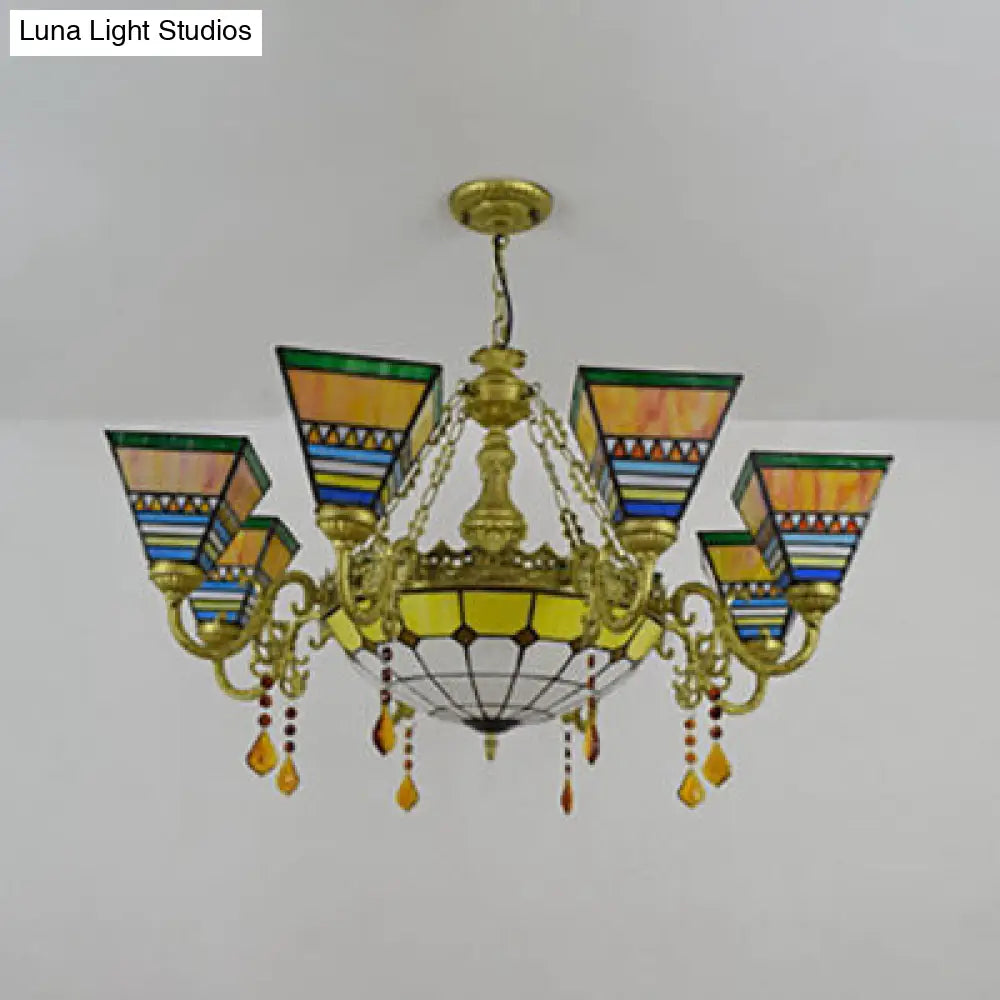 Yellow Stained Glass Pyramid Suspension Light: Rustic Crystal Chandelier - 9 Lights For Bedroom