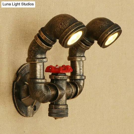 Rustic Aged Brass Wall Lights With 2 Bulbs And Wrought Iron Mount