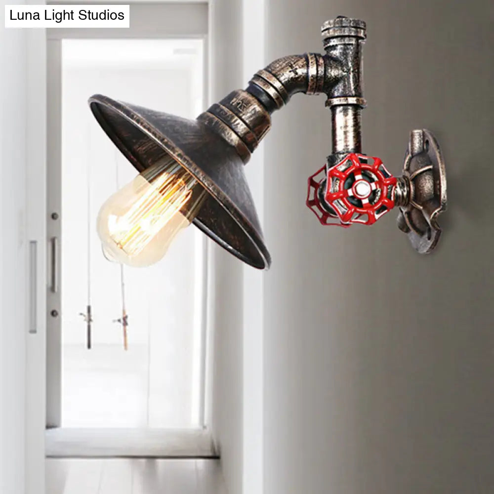 Rustic Aged Bronze Wall Sconce With Flared Shade - Metal Pipe And Valve Accent 1 Light Corridor Lamp