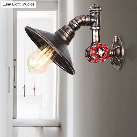 Rustic Aged Bronze Wall Sconce With Flared Shade - Metal Pipe And Valve Accent 1 Light Corridor Lamp