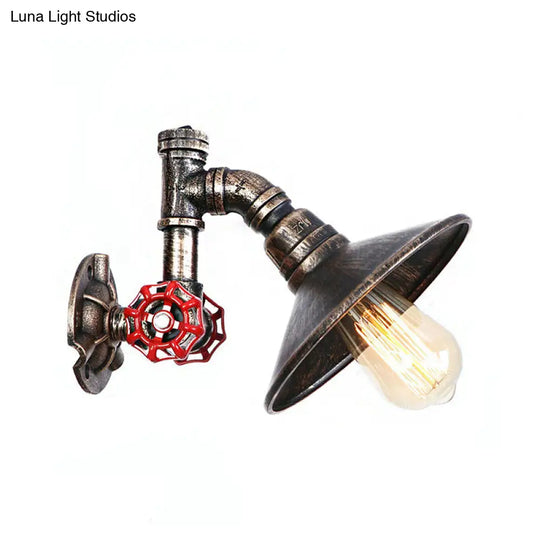 Rustic Aged Bronze Wall Sconce With Flared Shade - Metal Pipe And Valve Accent 1 Light Corridor Lamp