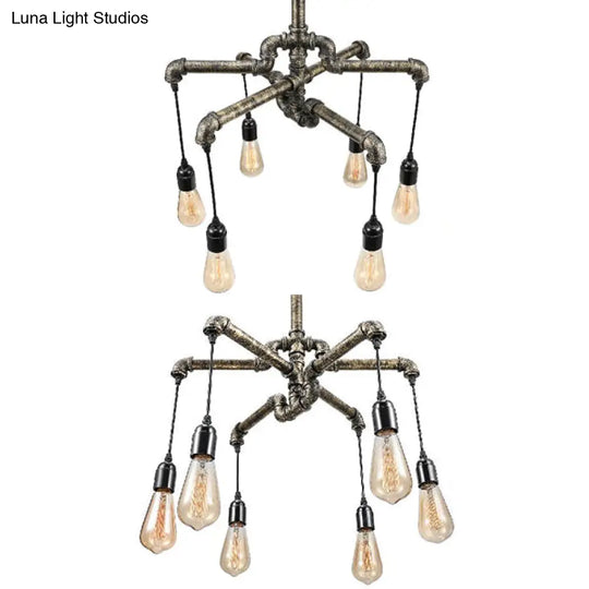 Rustic Aged Silver/Bronze Pipe Chandelier Lamp With Exposed Bulb - 6/8 Heads Indoor Hanging Light