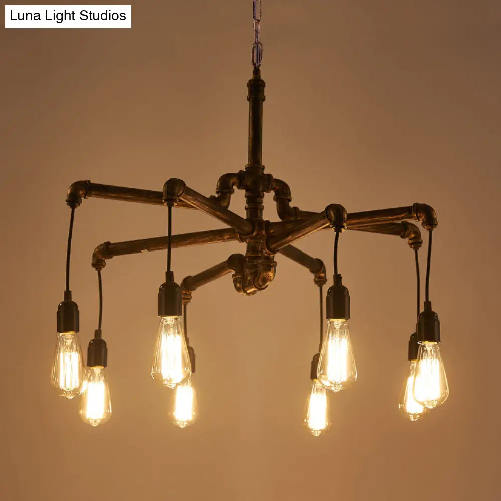 Rustic Aged Silver/Bronze Pipe Chandelier Lamp - Wrought Iron Exposed Bulb 6/8 Heads Indoor Hanging