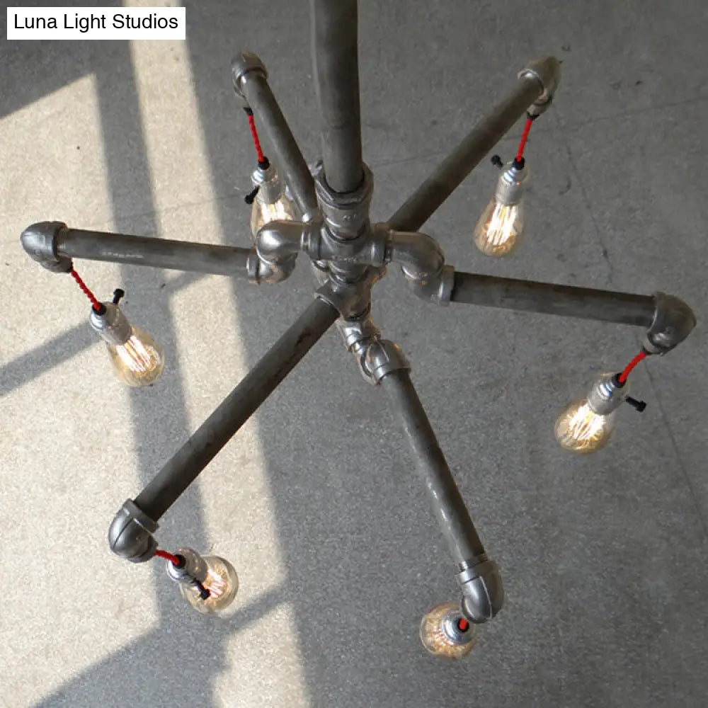 Rustic Aged Silver/Bronze Pipe Chandelier Lamp - Wrought Iron Exposed Bulb 6/8 Heads Indoor Hanging