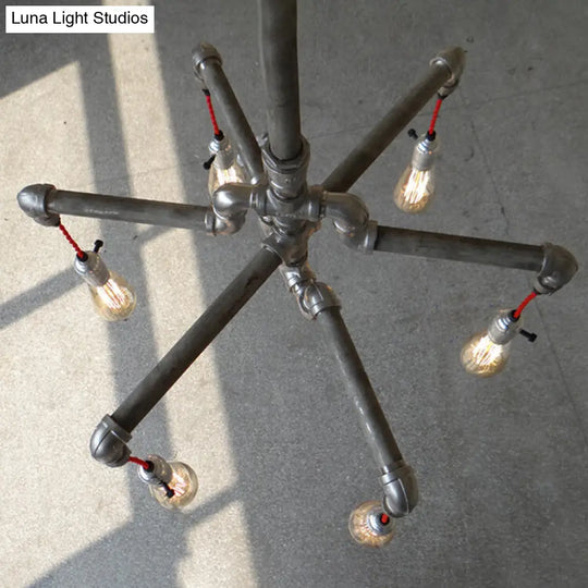 Rustic Aged Silver/Bronze Pipe Chandelier Lamp - Wrought Iron Exposed Bulb 6/8 Heads Indoor Hanging