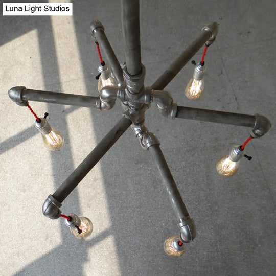 Rustic Aged Silver/Bronze Pipe Chandelier Lamp With Exposed Bulb - 6/8 Heads Indoor Hanging Light