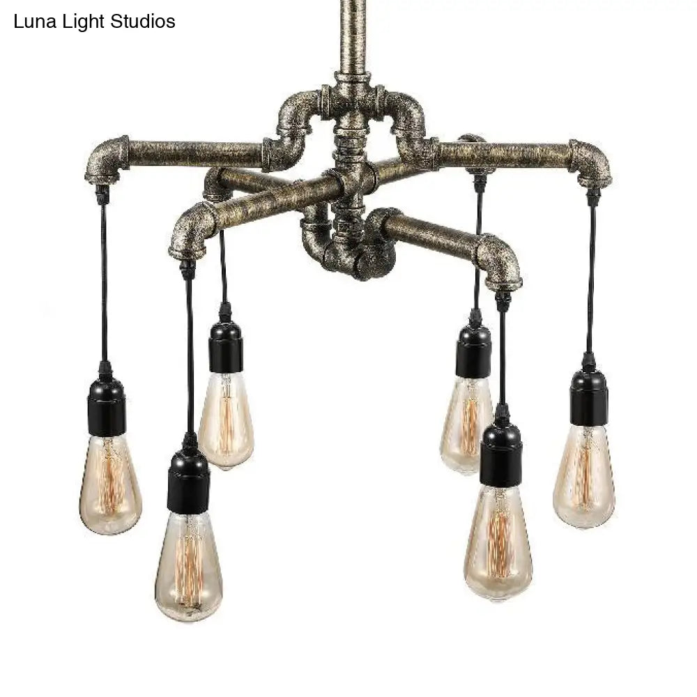 Rustic Aged Silver/Bronze Pipe Chandelier Lamp - Wrought Iron Exposed Bulb 6/8 Heads Indoor Hanging