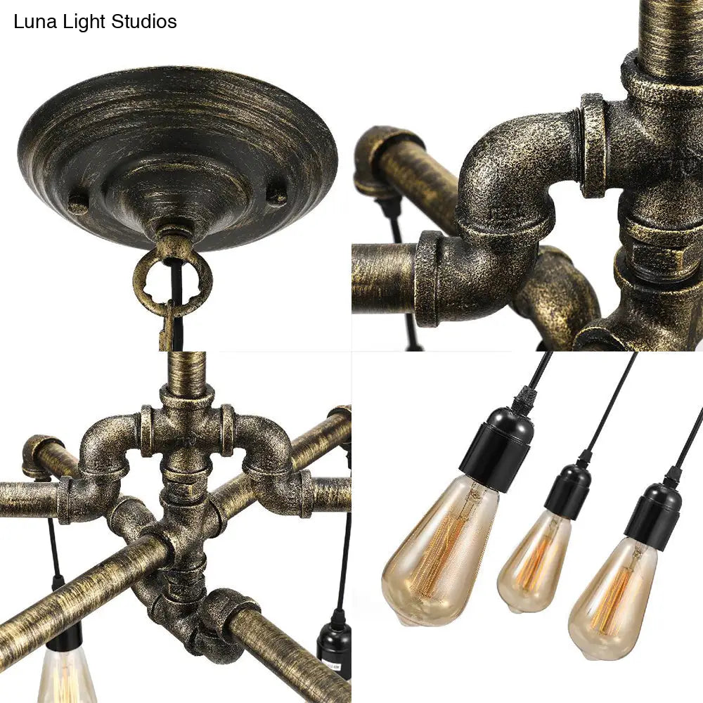 Rustic Aged Silver/Bronze Pipe Chandelier Lamp With Exposed Bulb - 6/8 Heads Indoor Hanging Light