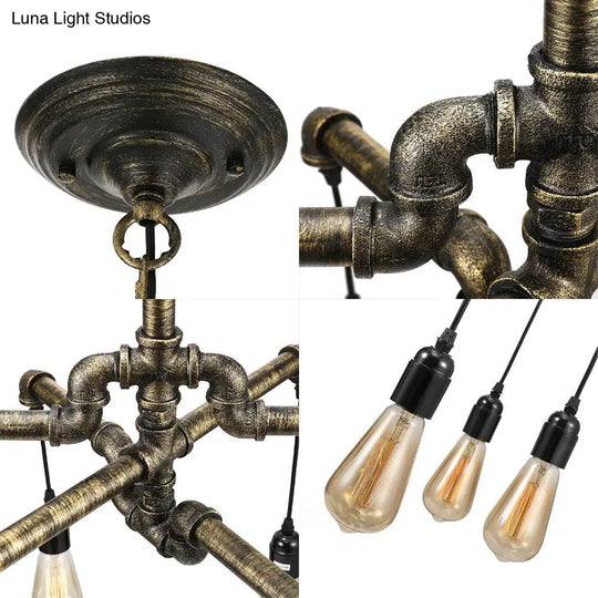 Rustic Aged Silver/Bronze Pipe Chandelier Lamp With Exposed Bulb - 6/8 Heads Indoor Hanging Light