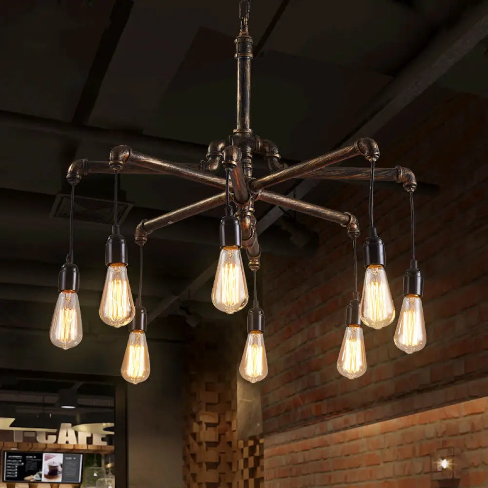 Rustic Aged Silver/Bronze Pipe Chandelier Lamp With Exposed Bulb - 6/8 Heads Indoor Hanging Light 8