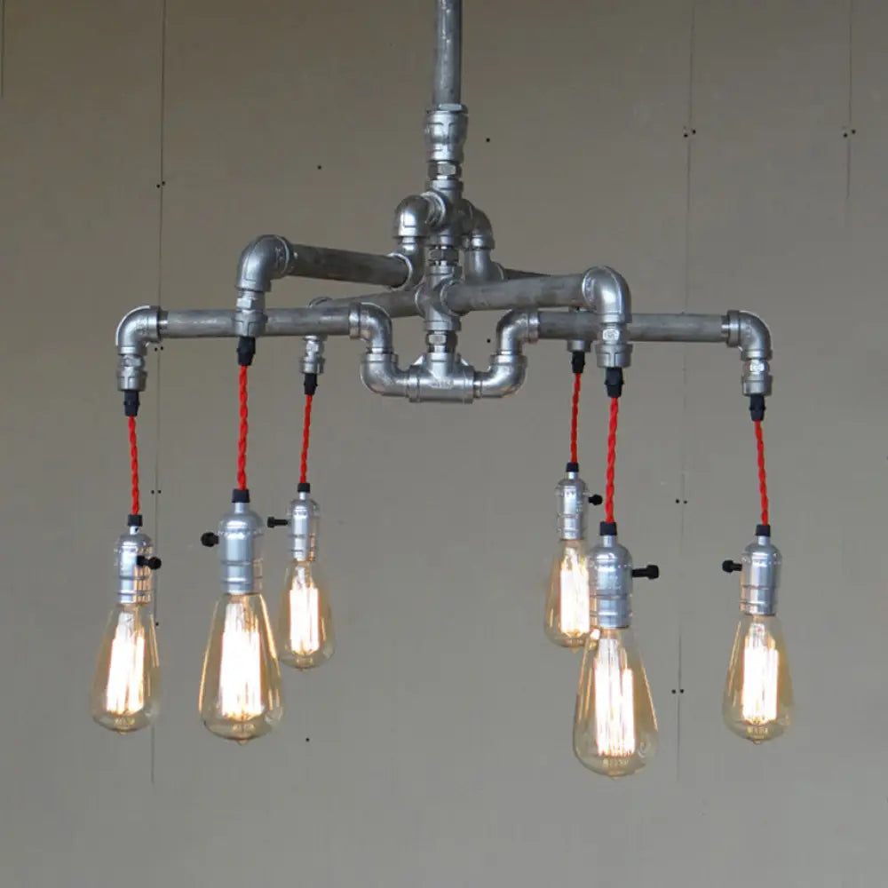 Rustic Aged Silver/Bronze Pipe Chandelier Lamp With Exposed Bulb - 6/8 Heads Indoor Hanging Light 6