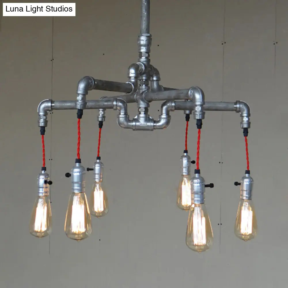 Rustic Aged Silver/Bronze Pipe Chandelier Lamp - Wrought Iron Exposed Bulb 6/8 Heads Indoor Hanging