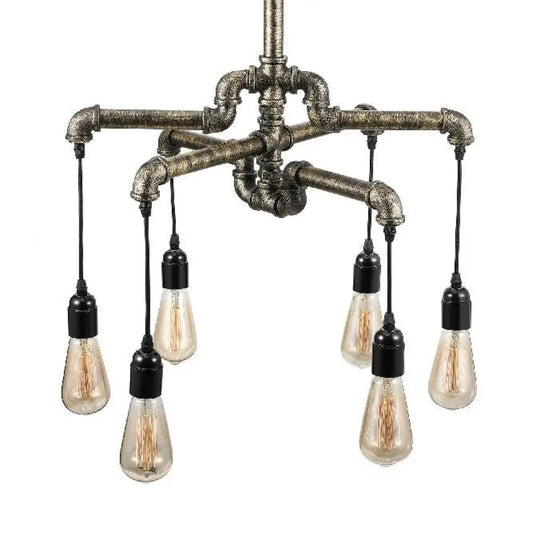 Rustic Aged Silver/Bronze Pipe Chandelier Lamp With Exposed Bulb - 6/8 Heads Indoor Hanging Light 6