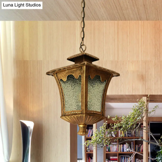 Rustic Aluminum Black/Bronze Pendant Light With Tetragonal Lotus Design And Water Glass Shade