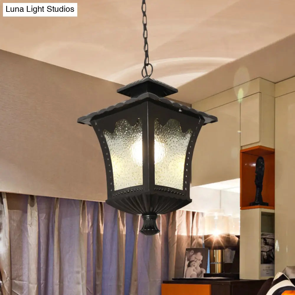 Rustic Aluminum Black/Bronze Pendant Light With Tetragonal Lotus Design And Water Glass Shade