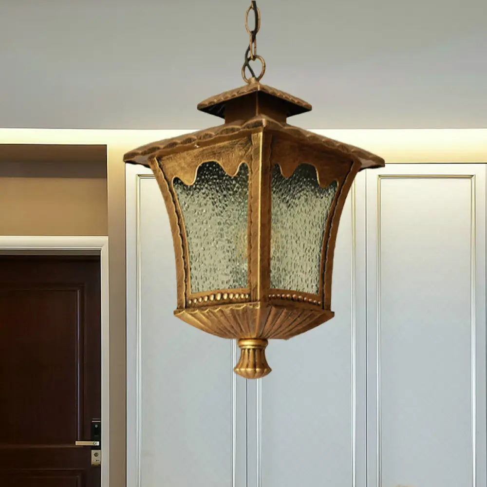 Rustic Aluminum Black/Bronze Pendant Light With Tetragonal Lotus Design And Water Glass Shade Bronze