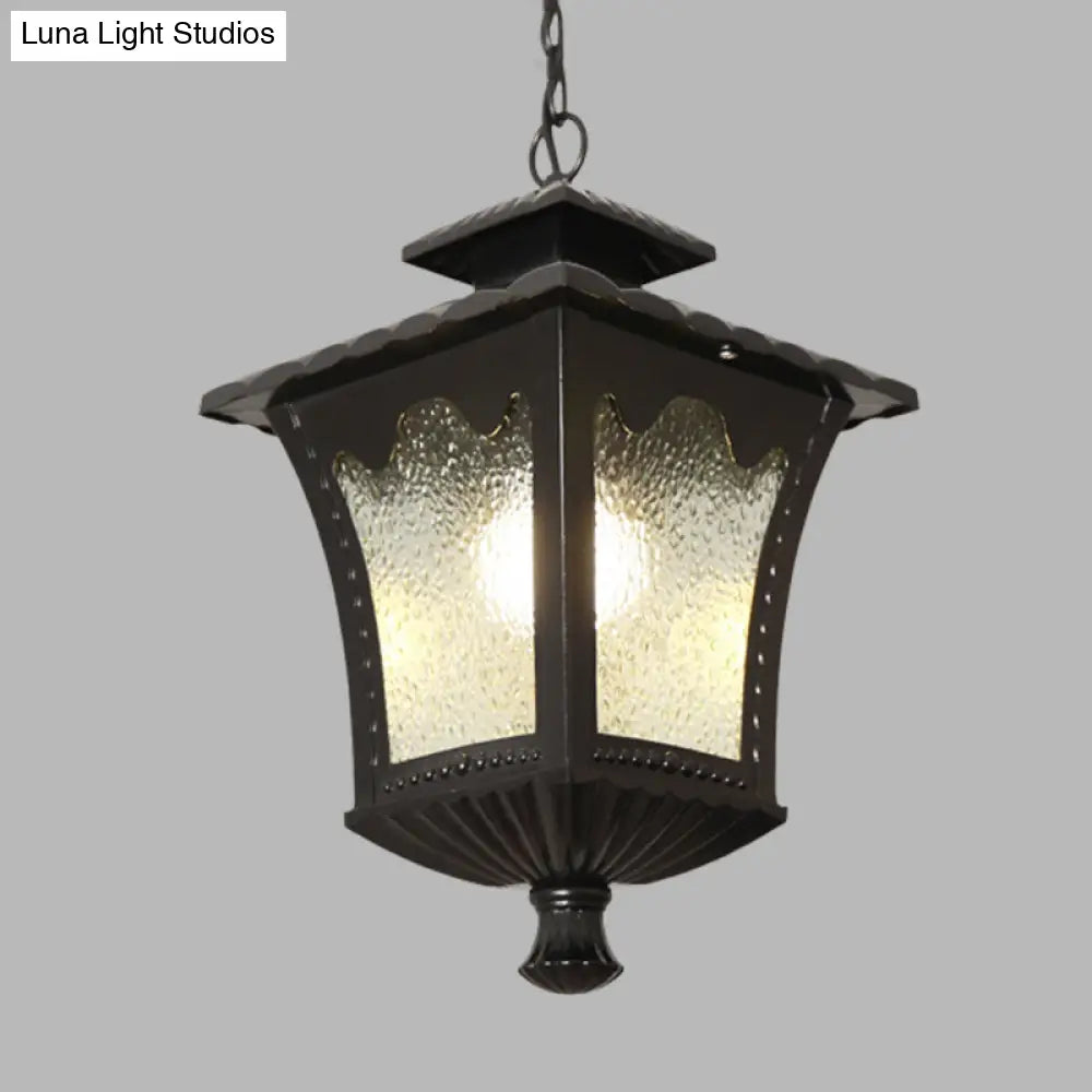 Rustic Aluminum Black/Bronze Pendant Light With Tetragonal Lotus Design And Water Glass Shade