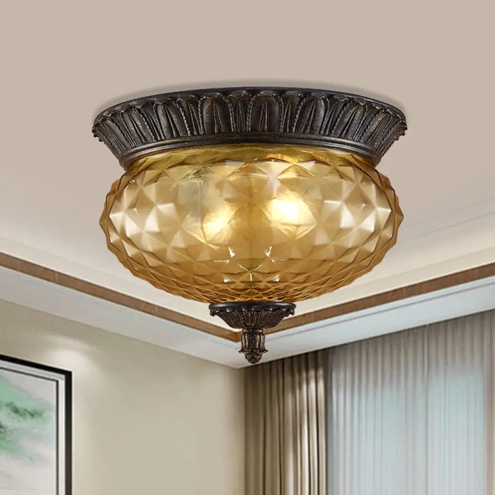 Rustic Amber Beveled Glass Oval Kitchen Flush Mount Lamp - 2-Bulb Black Ceiling Lighting Fixture