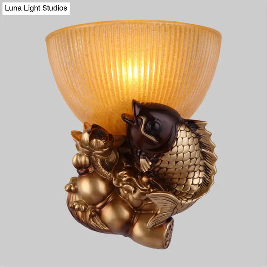 Rustic Amber Glass Bowl Bedside Wall Lamp - 1 Head Gold Lighting With Fish And Lotus Décor