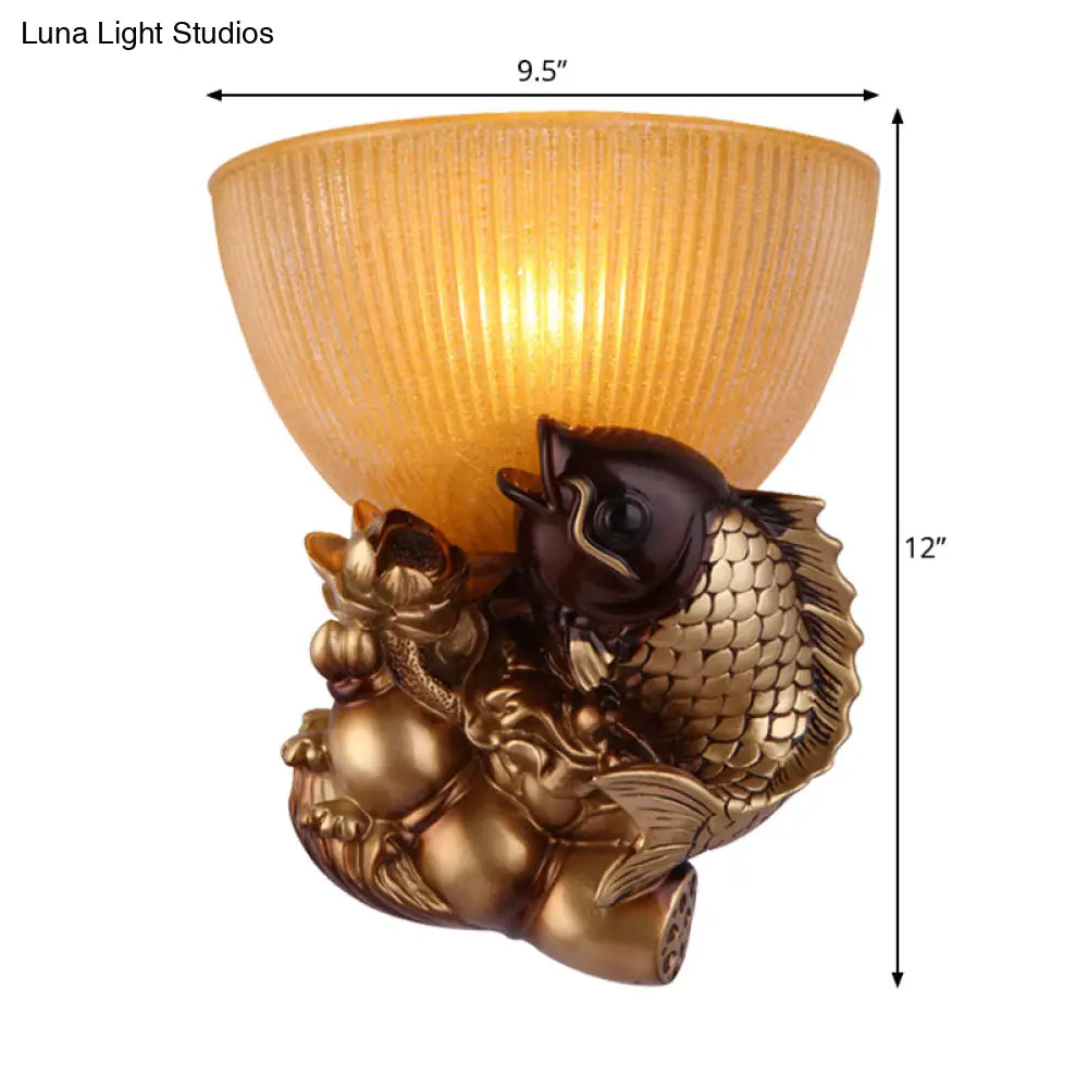 Rustic Amber Glass Bowl Bedside Wall Lamp - 1 Head Gold Lighting With Fish And Lotus Décor