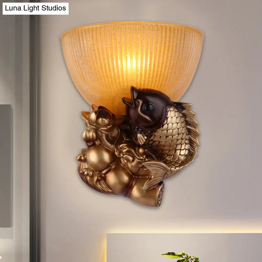 Rustic Amber Glass Bowl Bedside Wall Lamp - 1 Head Gold Lighting With Fish And Lotus Décor