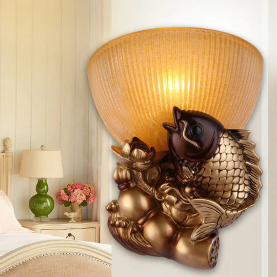 Rustic Amber Glass Bowl Bedside Wall Lamp - 1 Head Gold Lighting With Fish And Lotus Décor