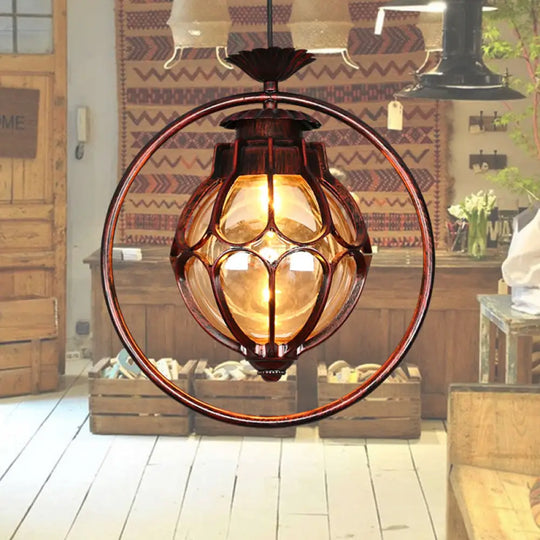 Rustic Amber Glass Hanging Pendant Light: 1-Light Suspension Lamp In Copper With Iron Ring