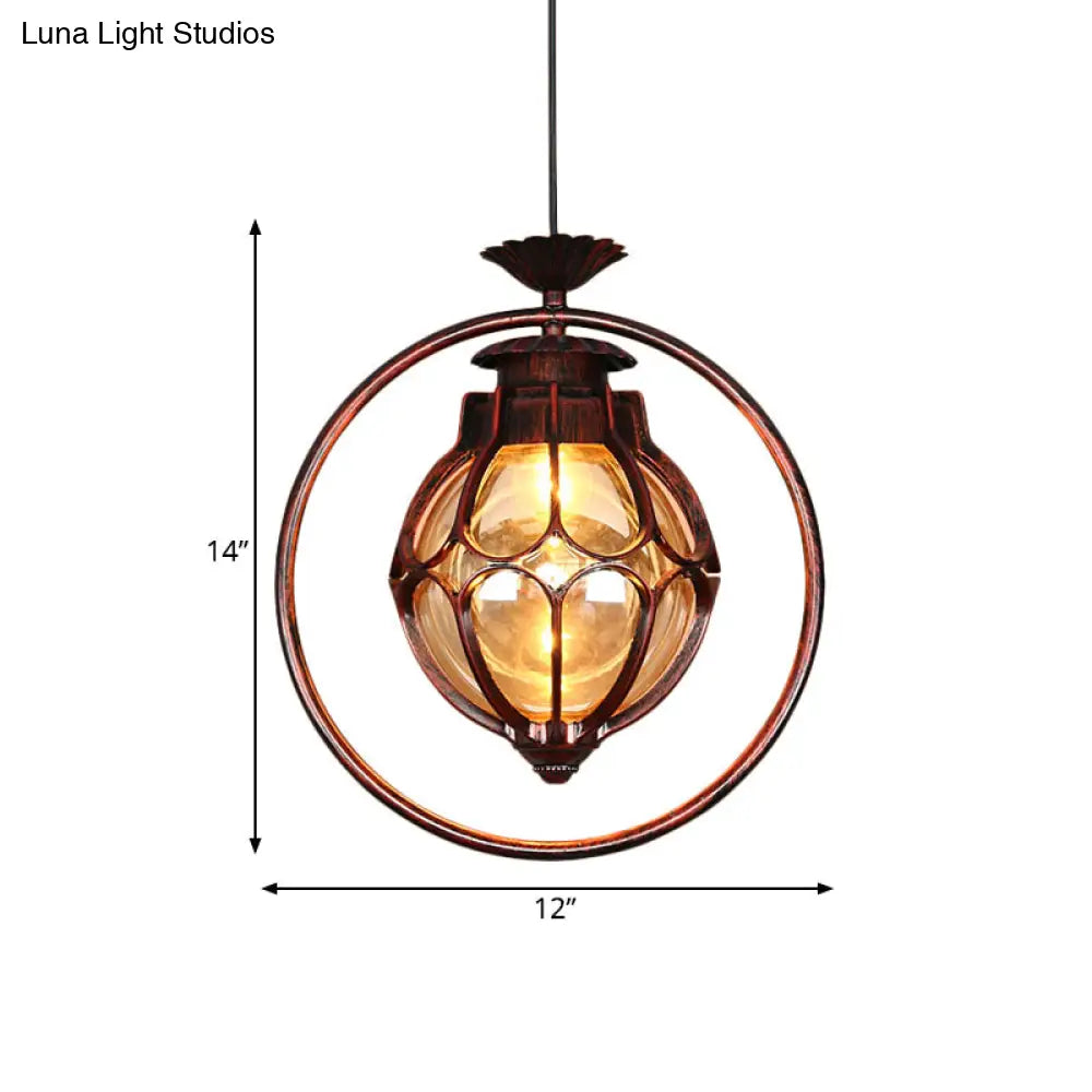 Rustic Amber Glass Hanging Pendant Light: 1-Light Suspension Lamp In Copper With Iron Ring