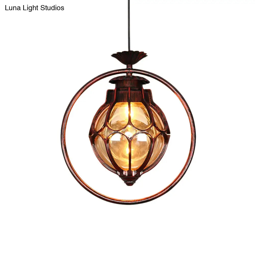 Rustic Amber Glass Hanging Pendant Light: 1-Light Suspension Lamp In Copper With Iron Ring