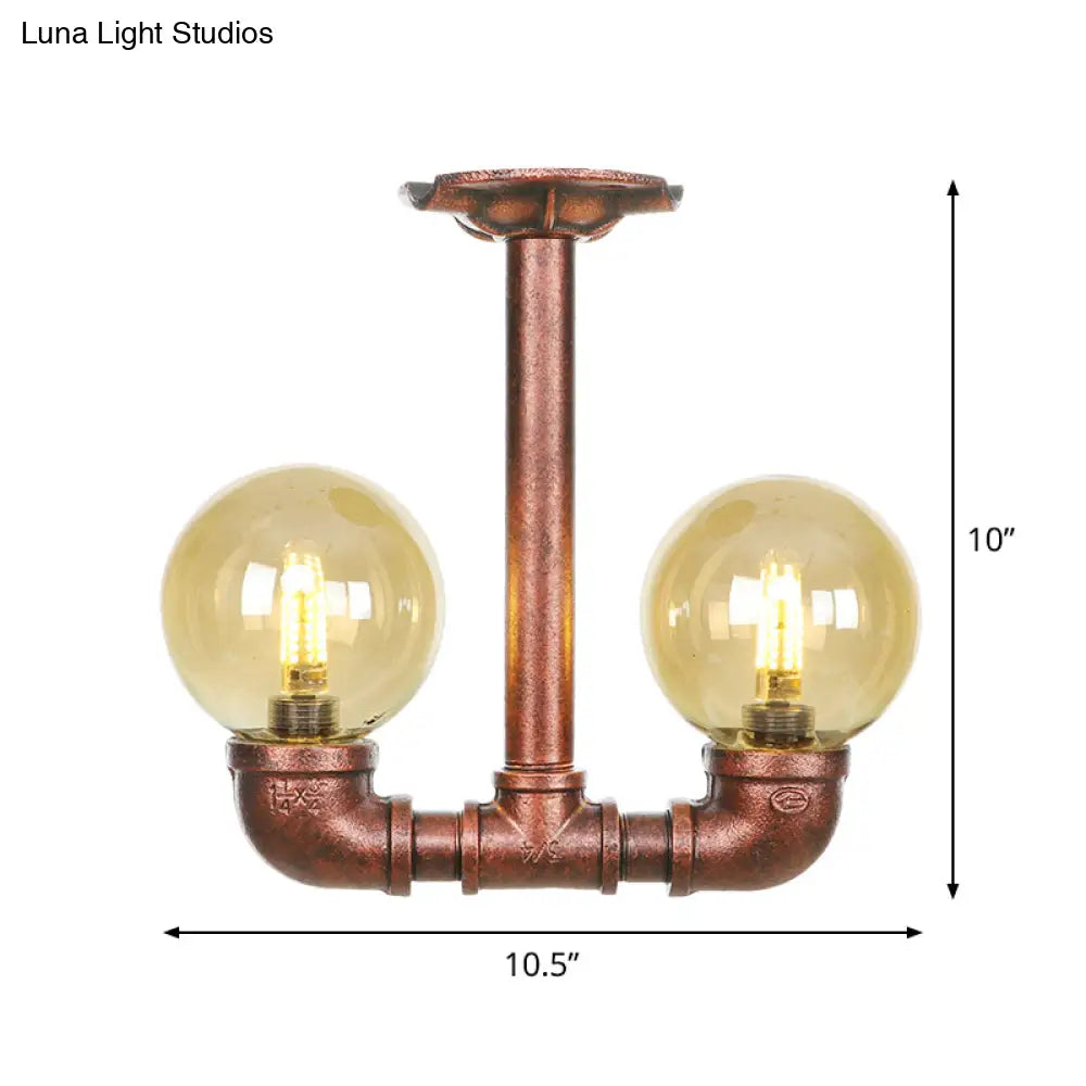 Rustic Amber Glass Semi Flush Light Fixture For Restaurants: Orb Design 2 Copper Lights