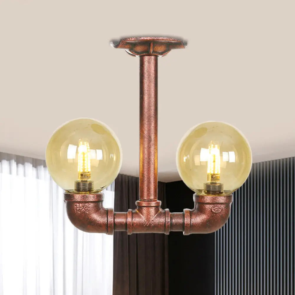 Rustic Amber Glass Semi Flush Light Fixture For Restaurants: Orb Design 2 Copper Lights / A