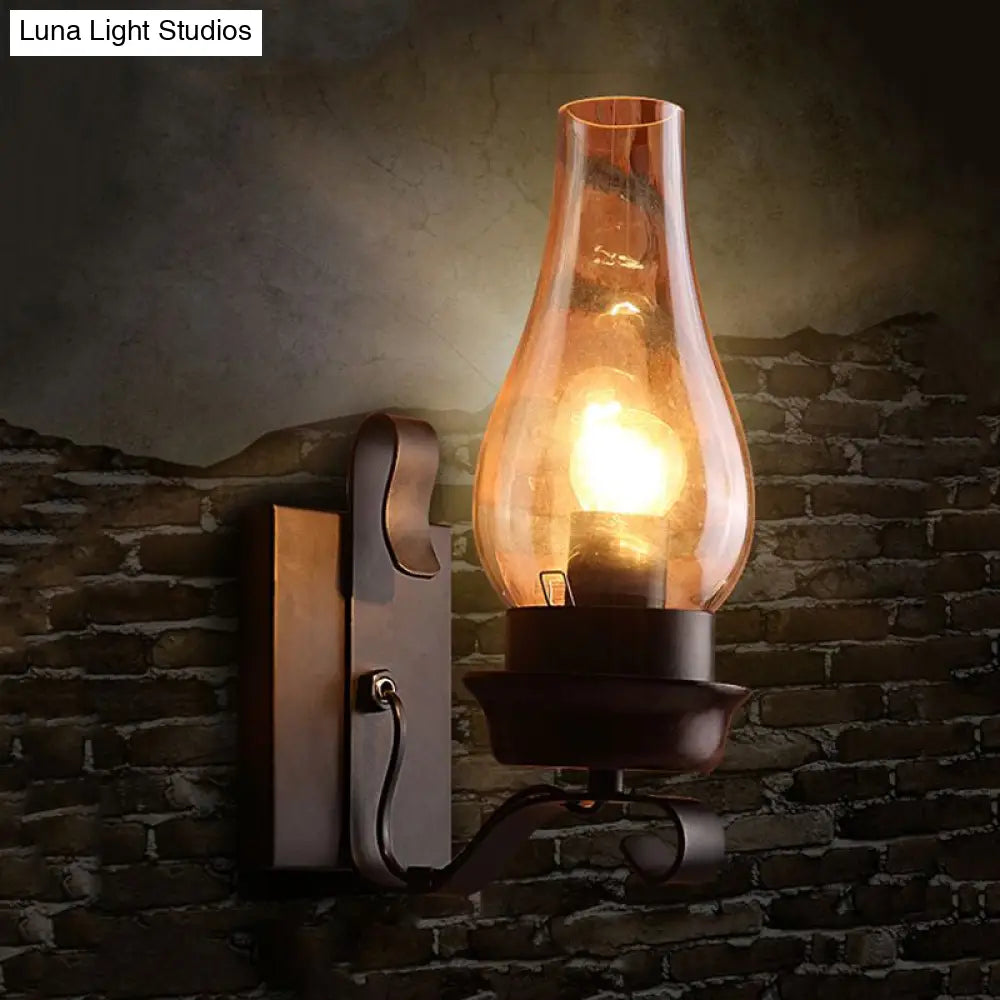 Rustic Amber Glass Wall Sconce With Vase Shade - One Bulb Lighting Fixture For Living Room