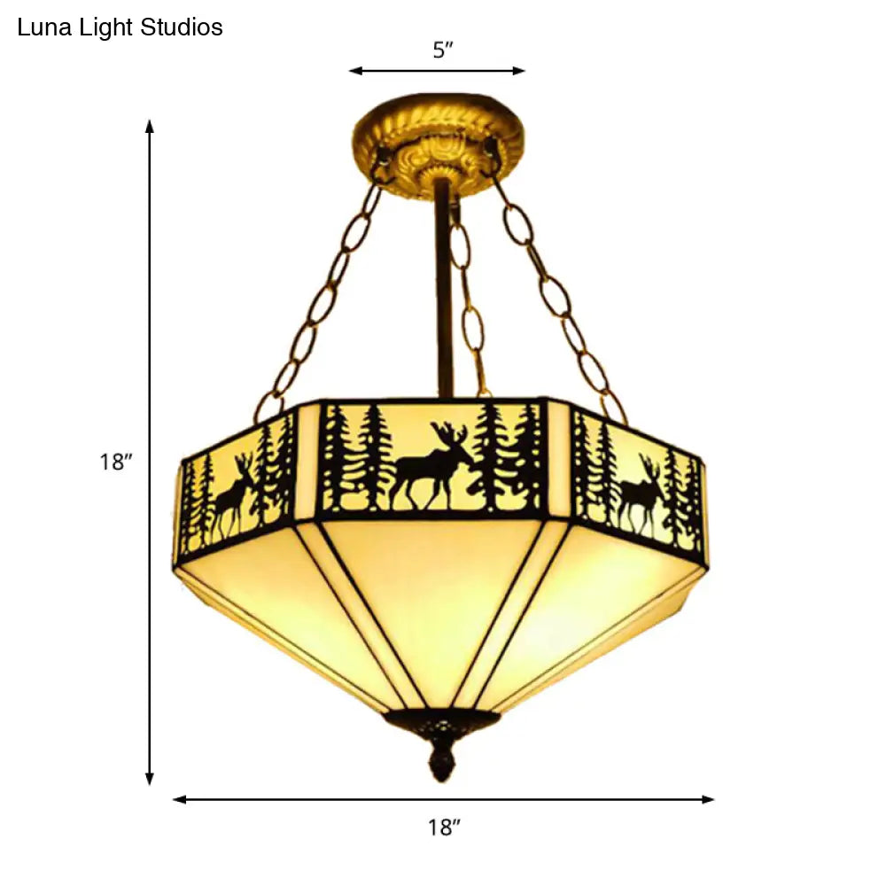 Rustic American Forest Deer Glass Ceiling Lamp - 11’/18’/22’ Wide Semi Flush Mount Light In Beige