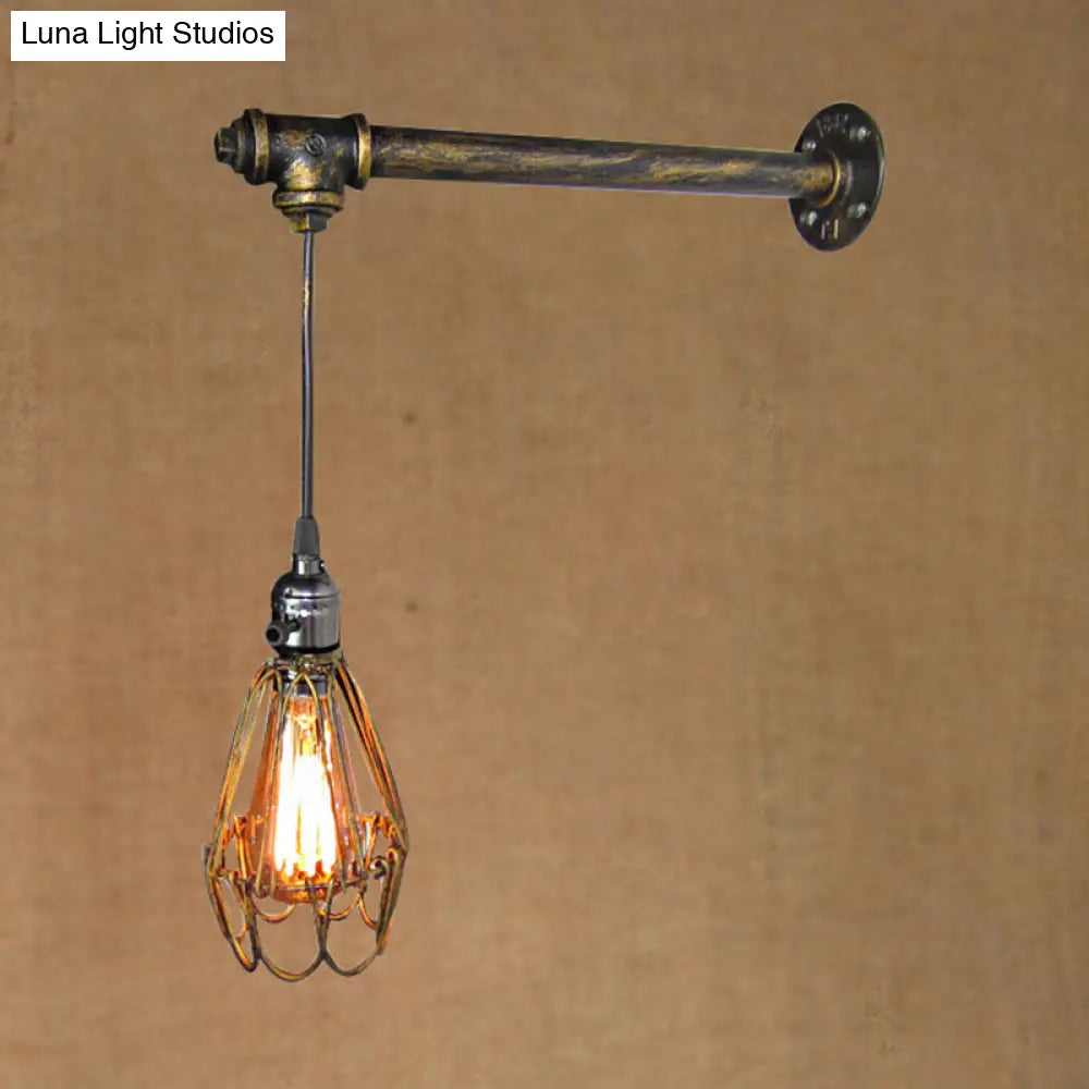 Rustic Antique Brass Caged Wall Lamp With Pipe - Dining Room Light Fixture