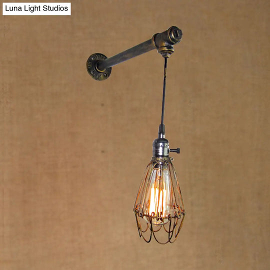 Rustic Antique Brass Caged Wall Lamp With Pipe - Dining Room Light Fixture